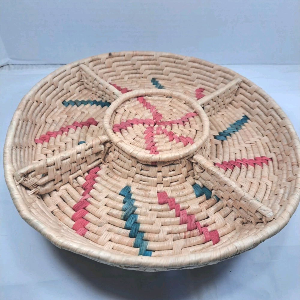 Vintage NIB Old Stock AVON Wicker Straw Lazy Susan Tray  Divided Serving Basket